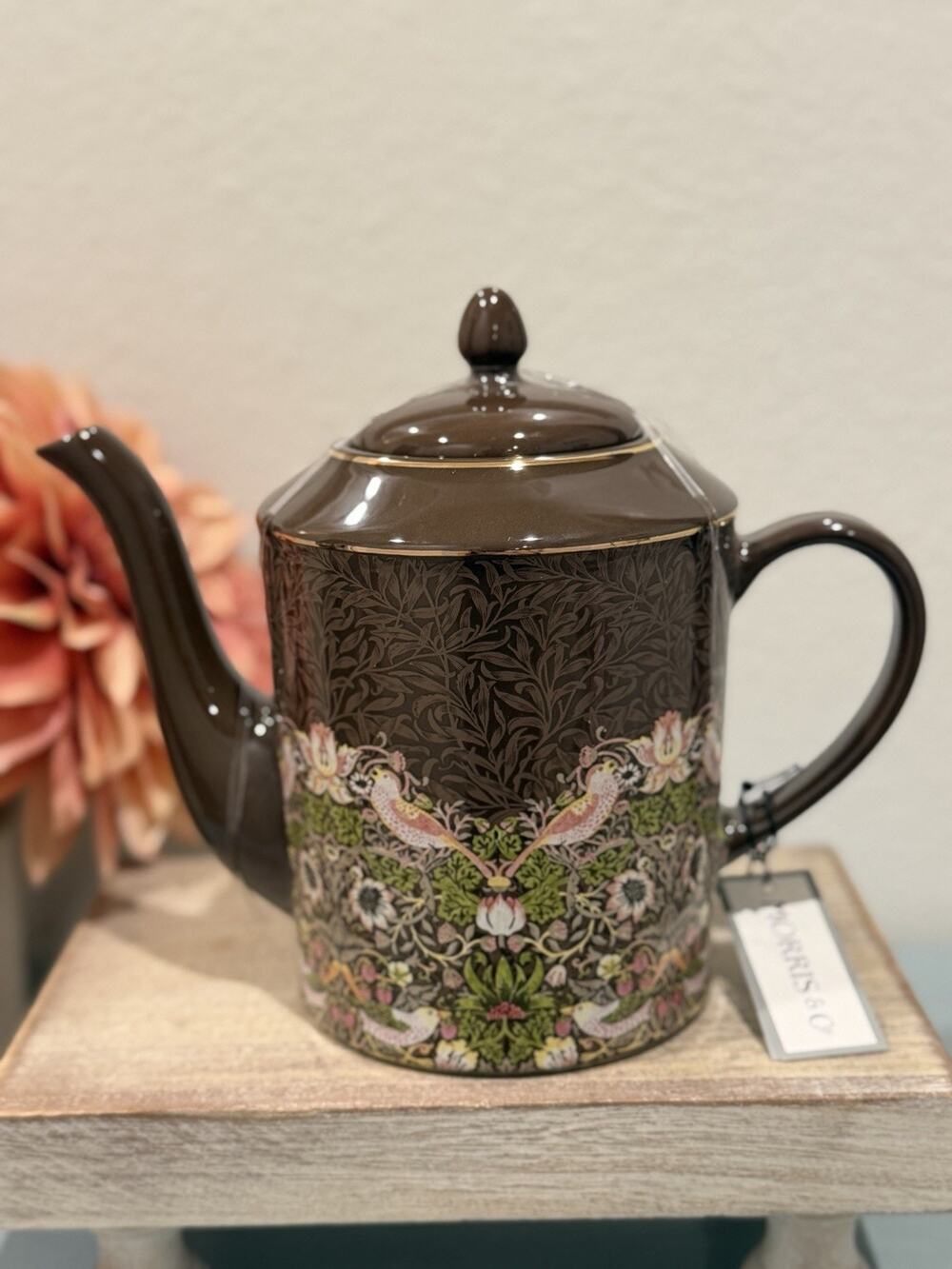 New Morris & Co Strawberry Thief Espresso Brown Teapot Gold Trim Floral Birds